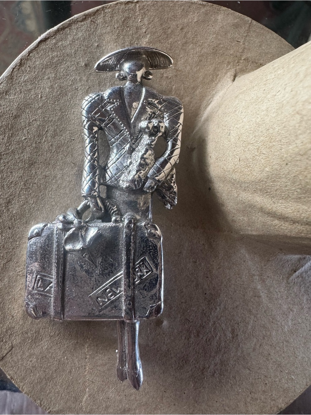 Vintage Large Pin Traveling Lady With Poodle and Suitcase!